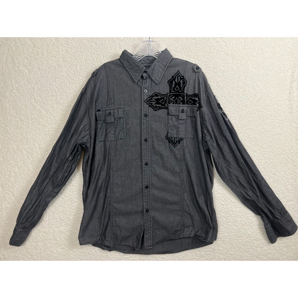 Roar Shirt Mens 2XL Gray‎ Graphic Cross Button Up Long Sleeve Embroidered Y2K